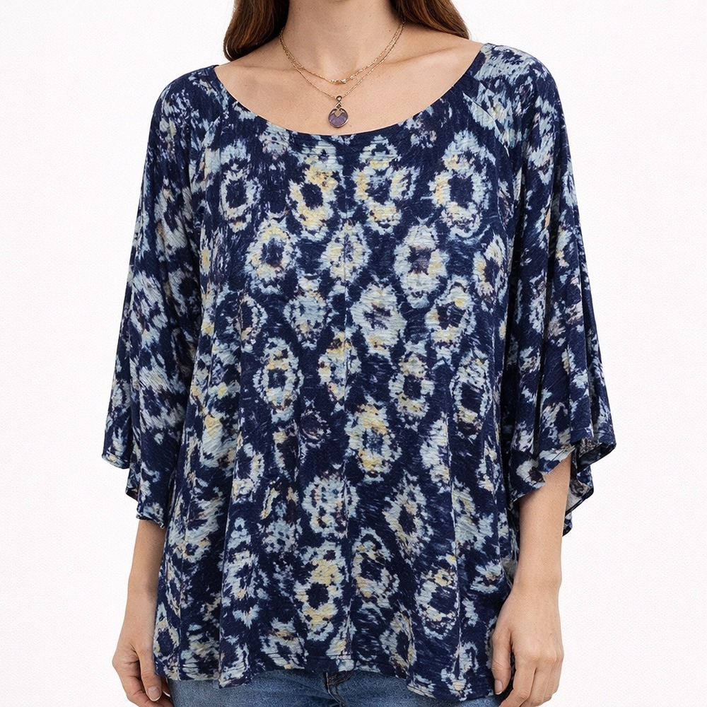 NWT Blue Multicolor Ikat Blouse Womens 2X Plus Size Boho Relaxed Fit Stretch Top